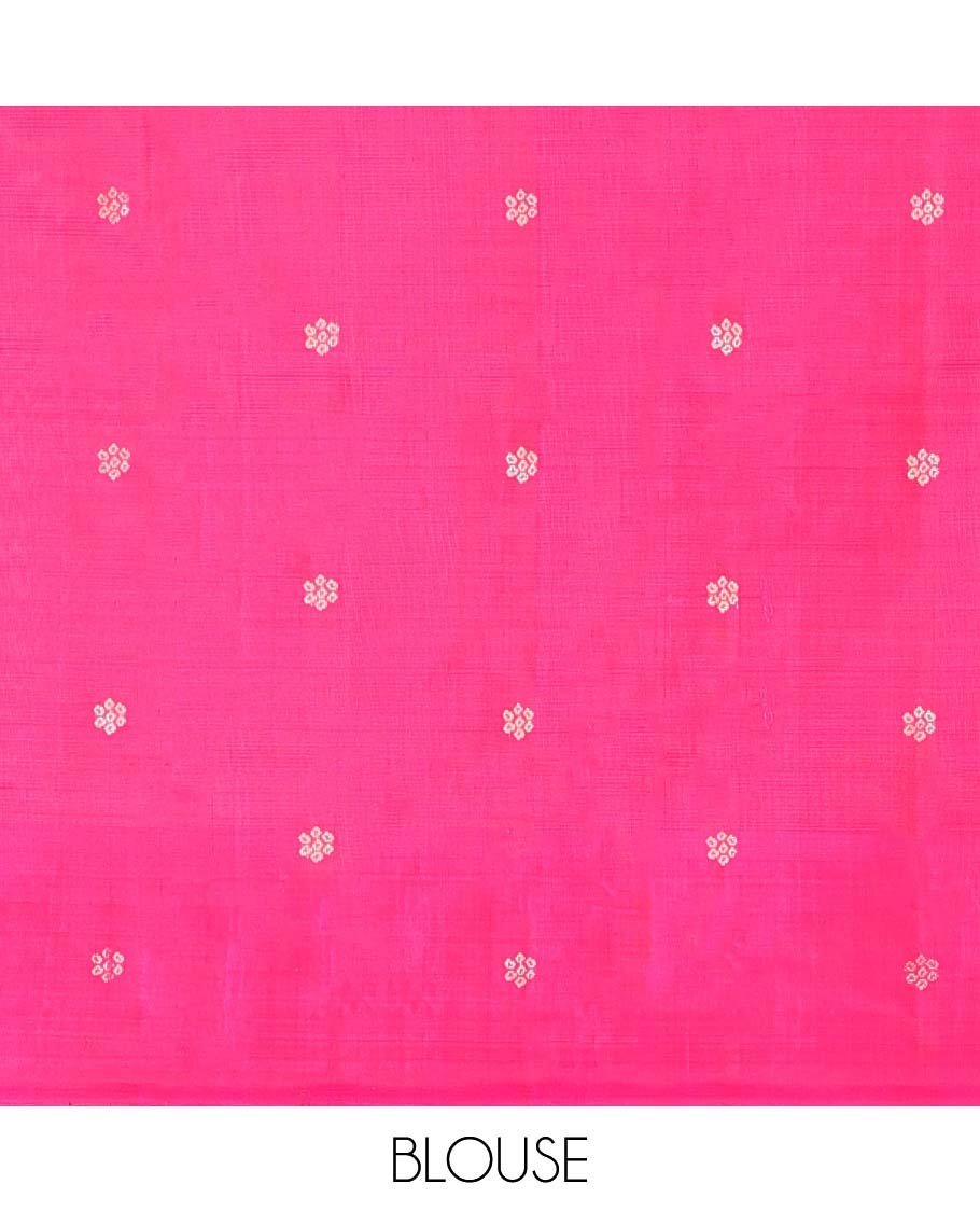 Cream striped soft silk saree with buttas, contrast striped border of bandhani dots & pallu of bandhani dots