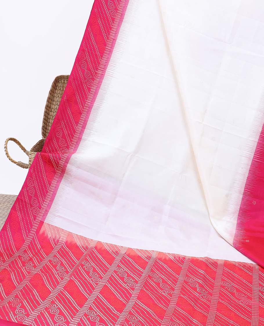 Cream striped soft silk saree with buttas, contrast striped border of bandhani dots & pallu of bandhani dots