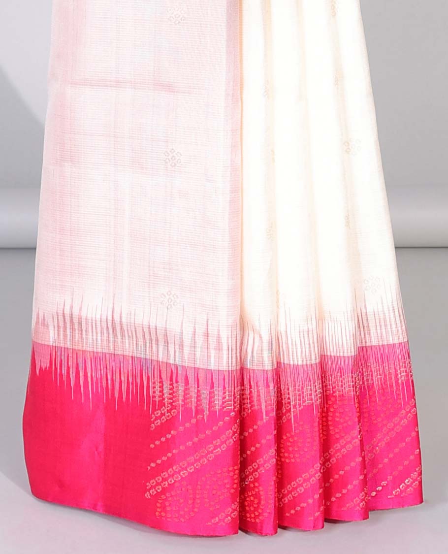 Cream striped soft silk saree with buttas, contrast striped border of bandhani dots & pallu of bandhani dots