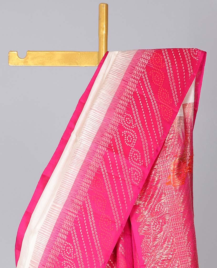 Cream striped soft silk saree with buttas, contrast striped border of bandhani dots & pallu of bandhani dots