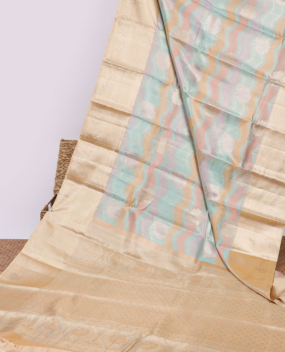 Multi-color jacquard tissue silksaree,contrast jaal pallu & border of thilakam mokku,muthu,mayil kann, manga & poun