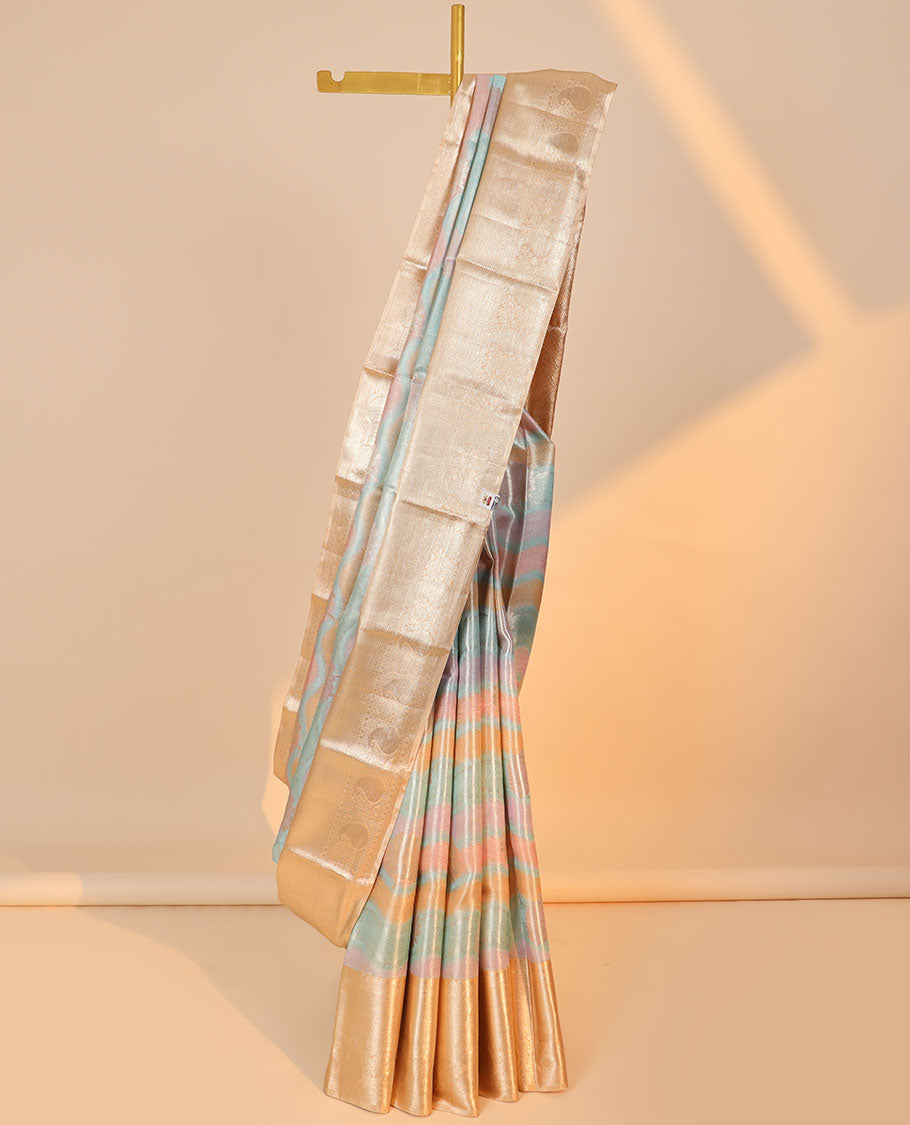 Multi-color jacquard tissue silksaree,contrast jaal pallu & border of thilakam mokku,muthu,mayil kann, manga & poun