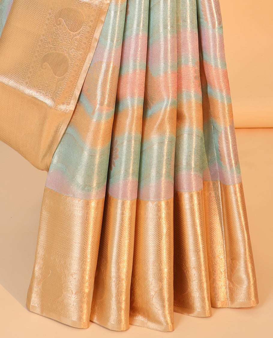 Multi-color jacquard tissue silksaree,contrast jaal pallu & border of thilakam mokku,muthu,mayil kann, manga & poun