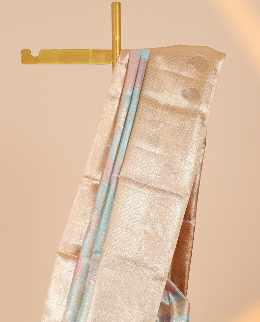 Multi-color jacquard tissue silksaree,contrast jaal pallu & border of thilakam mokku,muthu,mayil kann, manga & poun