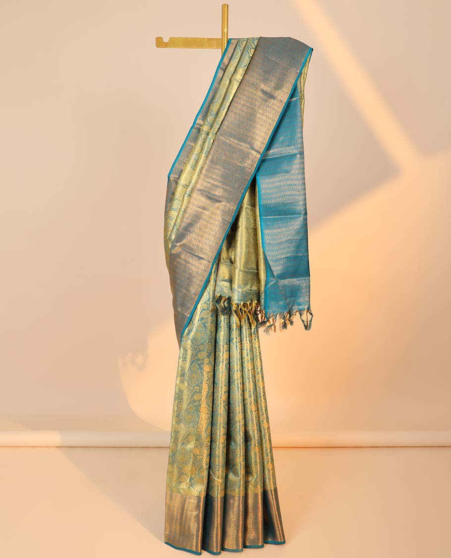 Blue jacquard kancheepuram tissue silksaree,contrast border of jaal design & floral jaal pallu