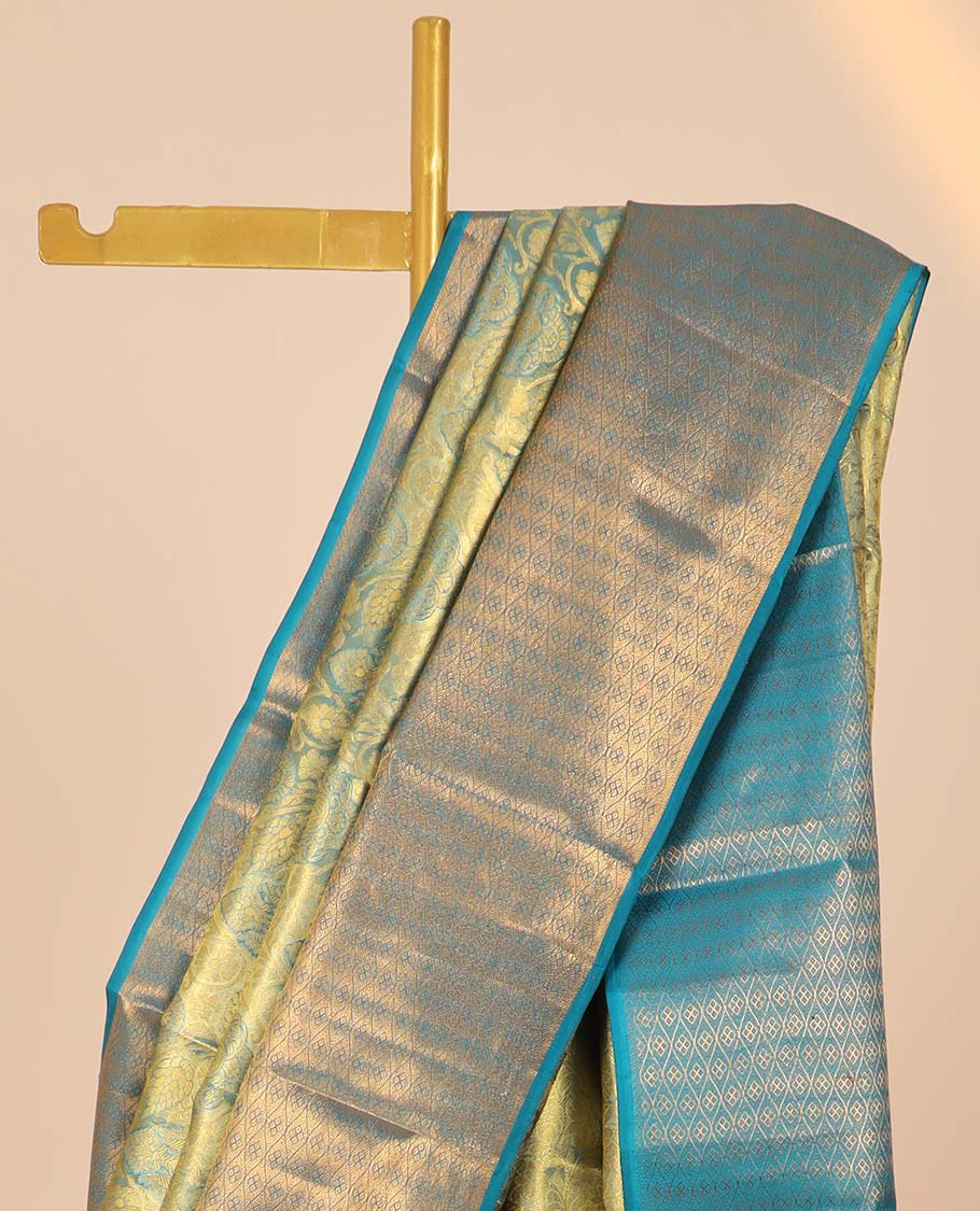 Blue jacquard kancheepuram tissue silksaree,contrast border of jaal design & floral jaal pallu
