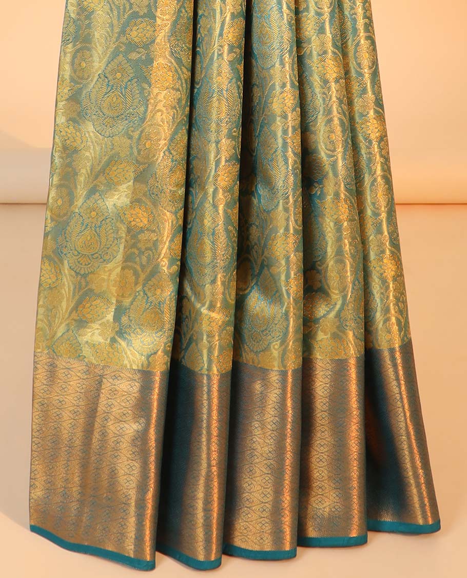 Blue jacquard kancheepuram tissue silksaree,contrast border of jaal design & floral jaal pallu