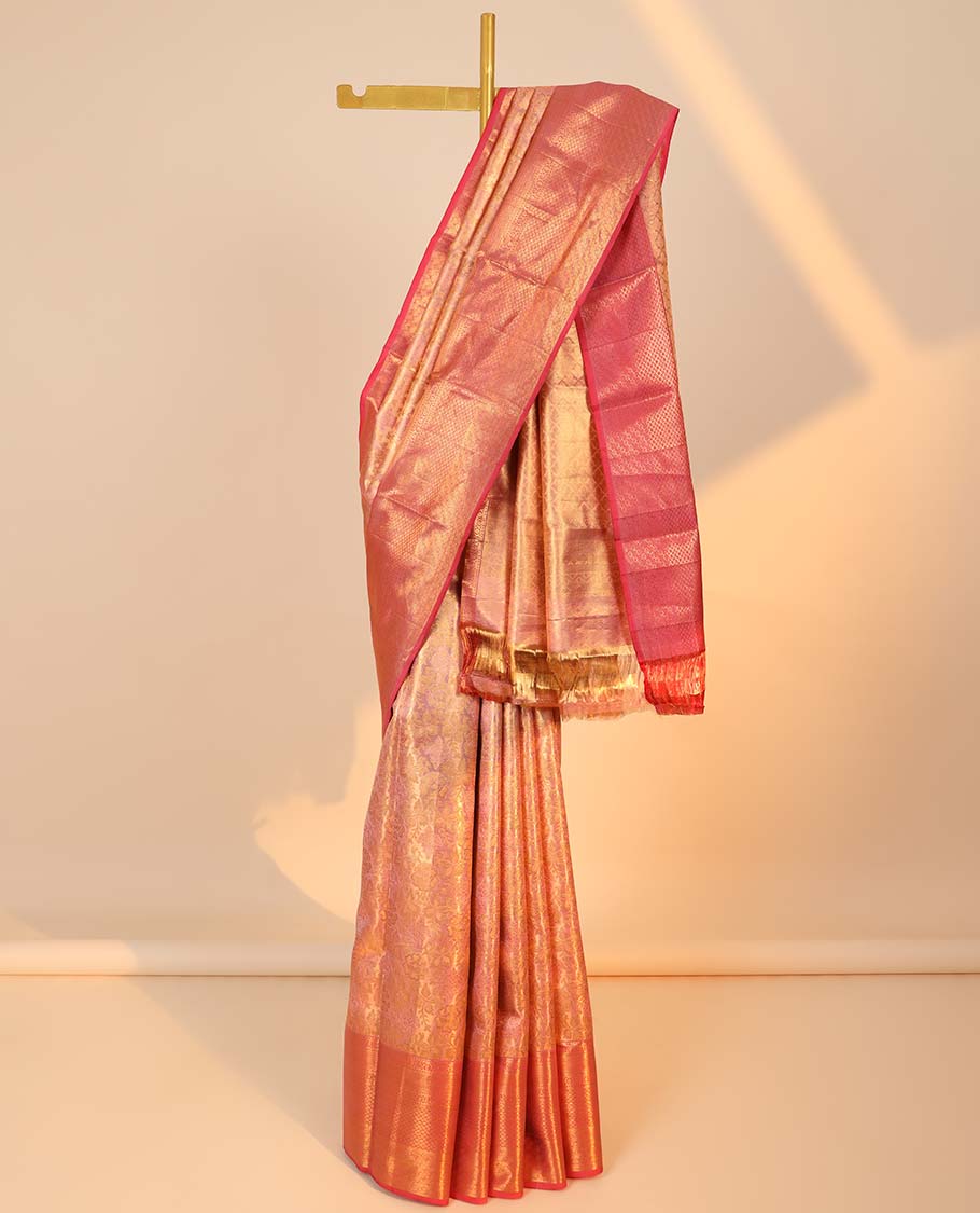 Pink jacquard kancheepuram tissue silksaree,contrast jaal pallu & border of kodi visiry,lavangam,kuyil kann & jaal