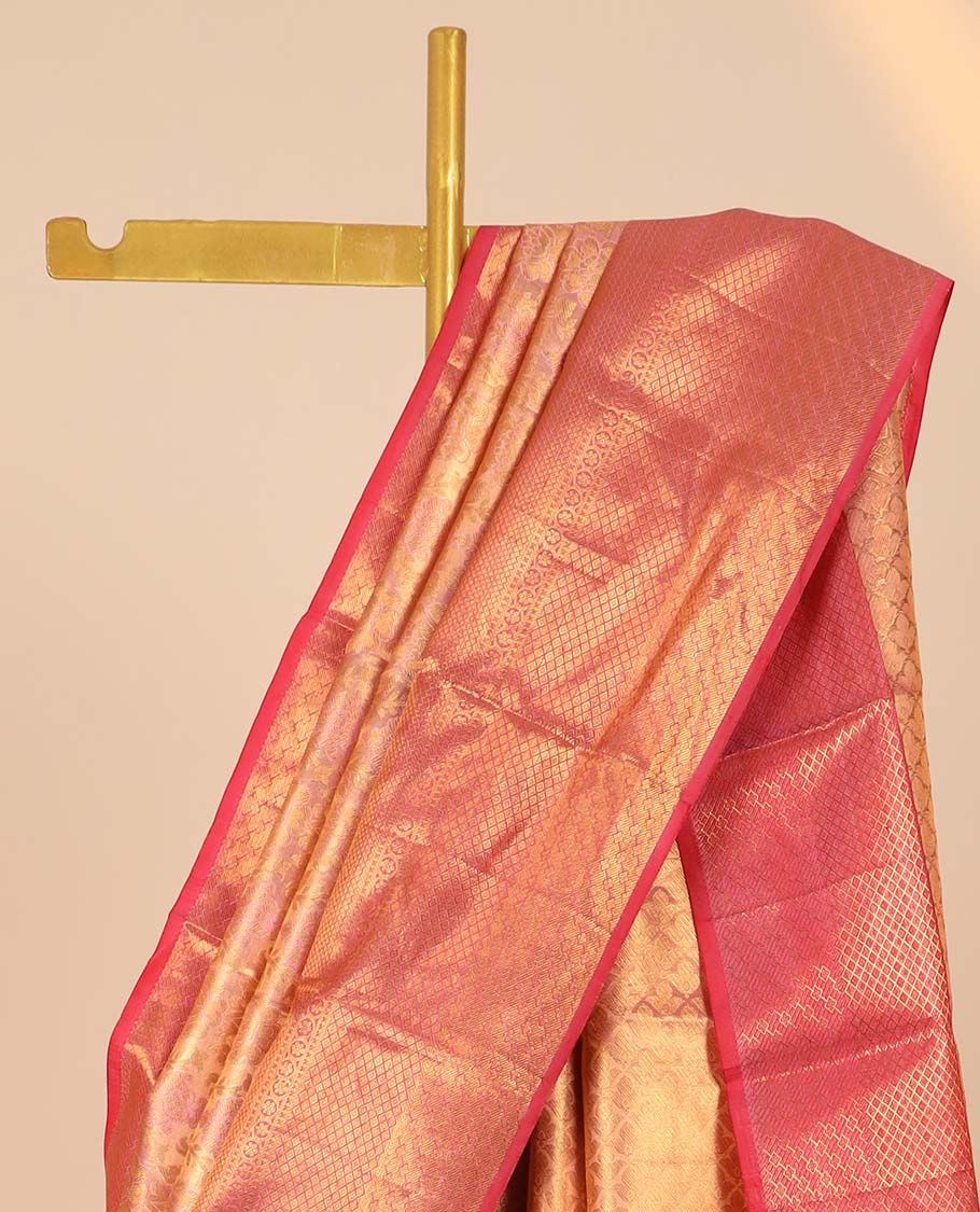 Pink jacquard kancheepuram tissue silksaree,contrast jaal pallu & border of kodi visiry,lavangam,kuyil kann & jaal
