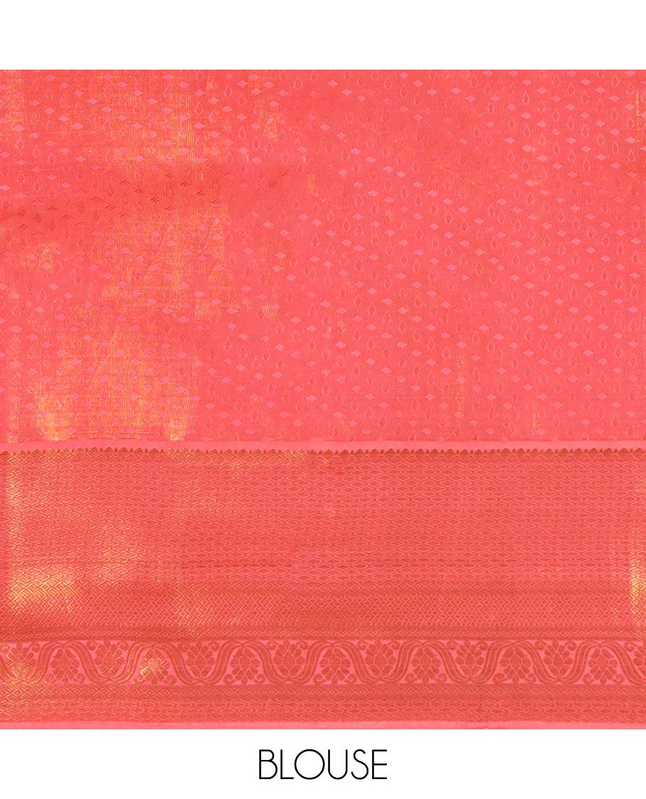 Orange jacquard kancheepuram tissue silksaree, contrast jaal pallu & border of rekku,jaal,diamond & then kuli kann