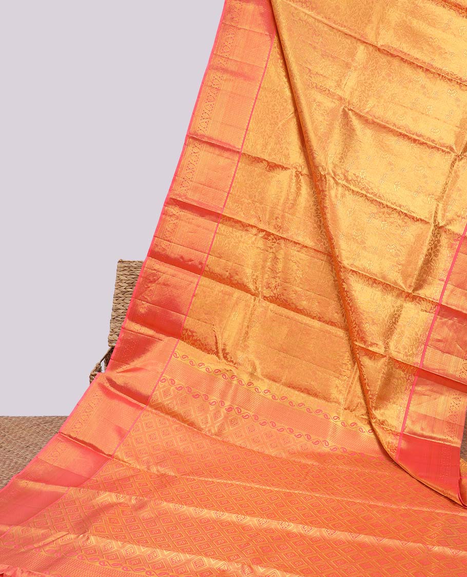 Orange jacquard kancheepuram tissue silksaree, contrast jaal pallu & border of rekku,jaal,diamond & then kuli kann
