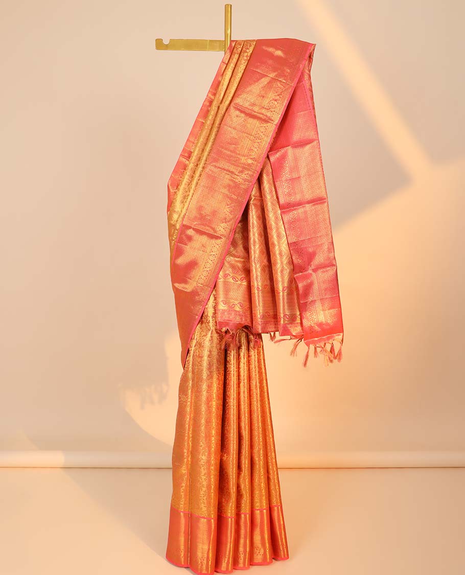 Orange jacquard kancheepuram tissue silksaree, contrast jaal pallu & border of rekku,jaal,diamond & then kuli kann