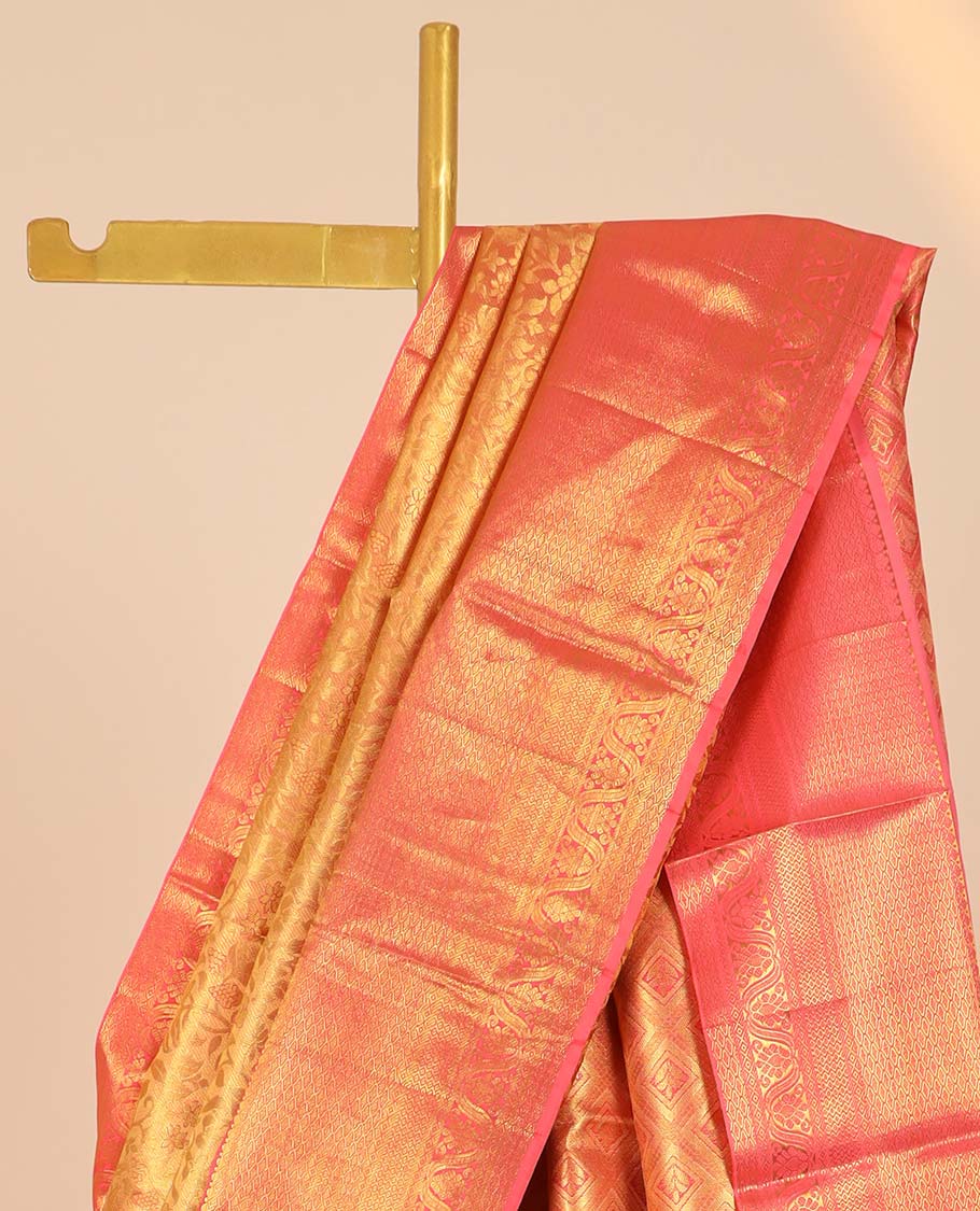 Orange jacquard kancheepuram tissue silksaree, contrast jaal pallu & border of rekku,jaal,diamond & then kuli kann