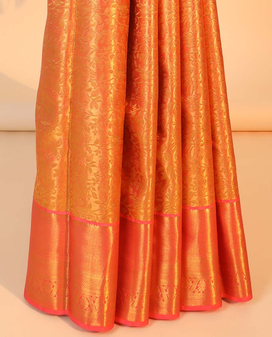 Orange jacquard kancheepuram tissue silksaree, contrast jaal pallu & border of rekku,jaal,diamond & then kuli kann