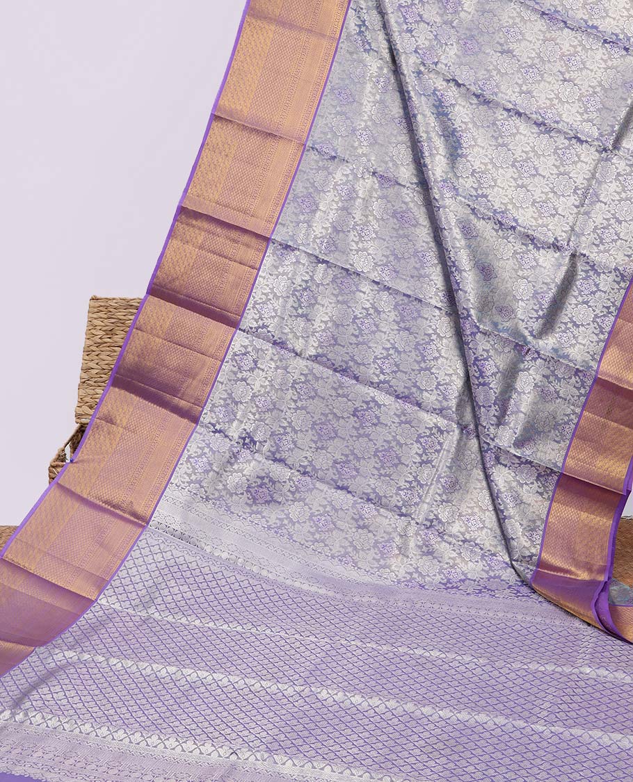Lavender jacquard kancheepuram tissue silksaree, contrast jaal pallu & border of kodi visiry,lavangam,kuyil kann & jaal