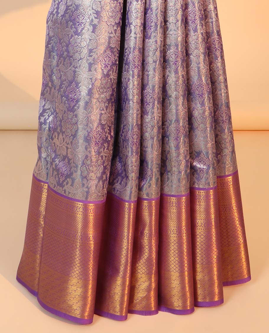 Lavender jacquard kancheepuram tissue silksaree, contrast jaal pallu & border of kodi visiry,lavangam,kuyil kann & jaal