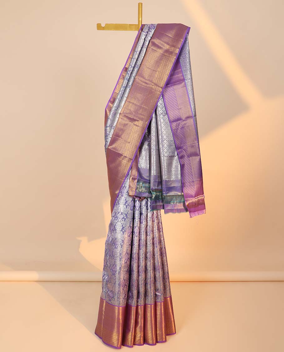 Lavender jacquard kancheepuram tissue silksaree, contrast jaal pallu & border of kodi visiry,lavangam,kuyil kann & jaal