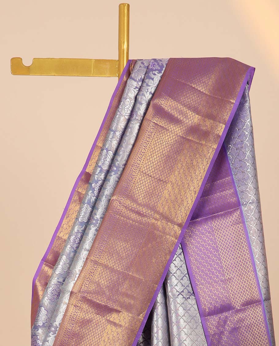 Lavender jacquard kancheepuram tissue silksaree, contrast jaal pallu & border of kodi visiry,lavangam,kuyil kann & jaal