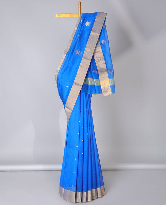 Blue Chanderi cotton saree with floral buttas, plain border & floral zari design pallu