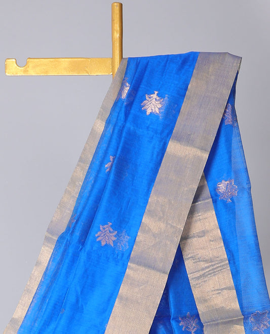 Blue Chanderi cotton saree with floral buttas, plain border & floral zari design pallu