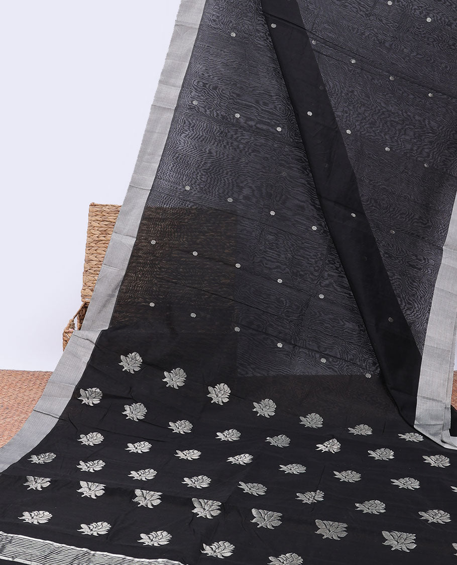 Black Chanderi cotton saree with buttas, plain border & pallu of floral zari designs