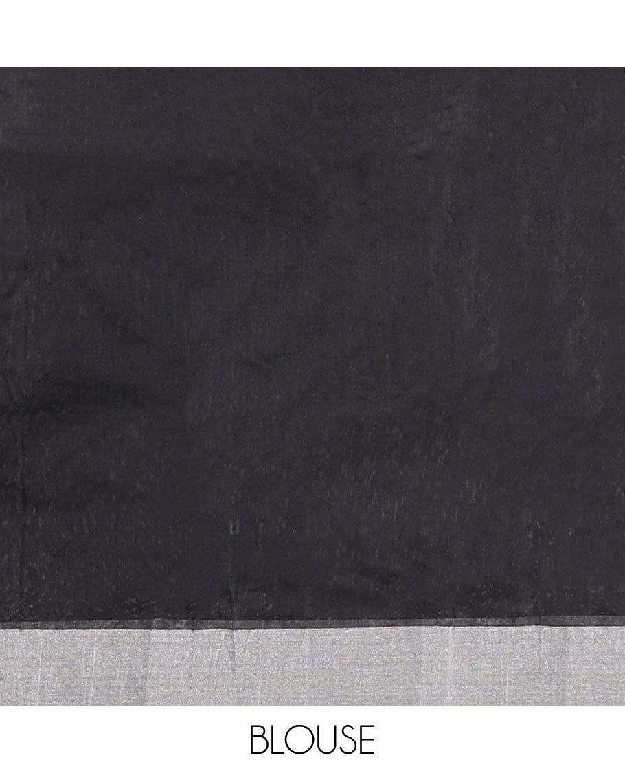 Black Chanderi cotton saree with buttas, plain border & pallu of floral zari designs