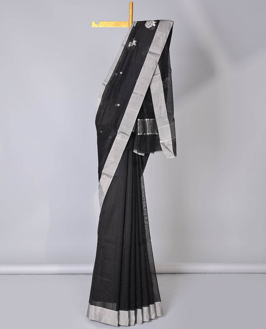 Black Chanderi cotton saree with buttas, plain border & pallu of floral zari designs