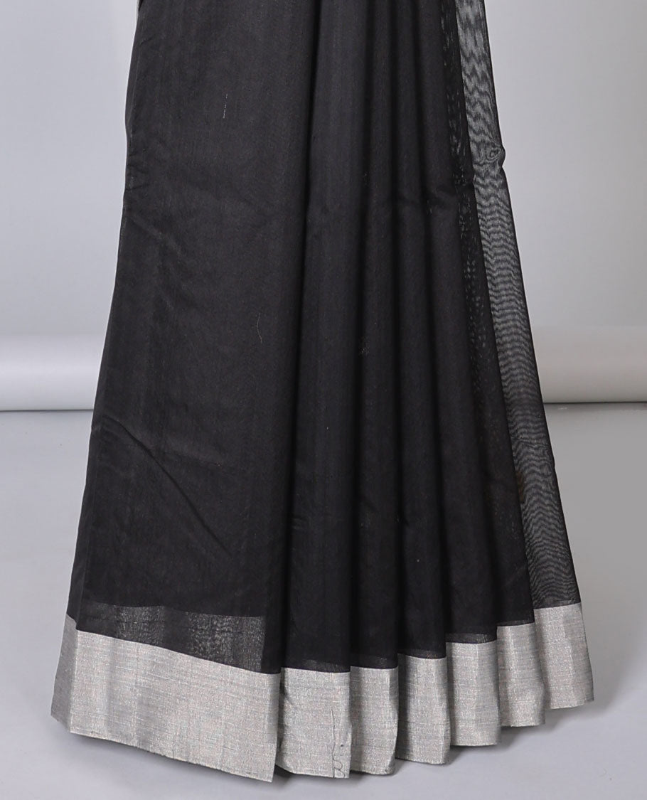 Black Chanderi cotton saree with buttas, plain border & pallu of floral zari designs