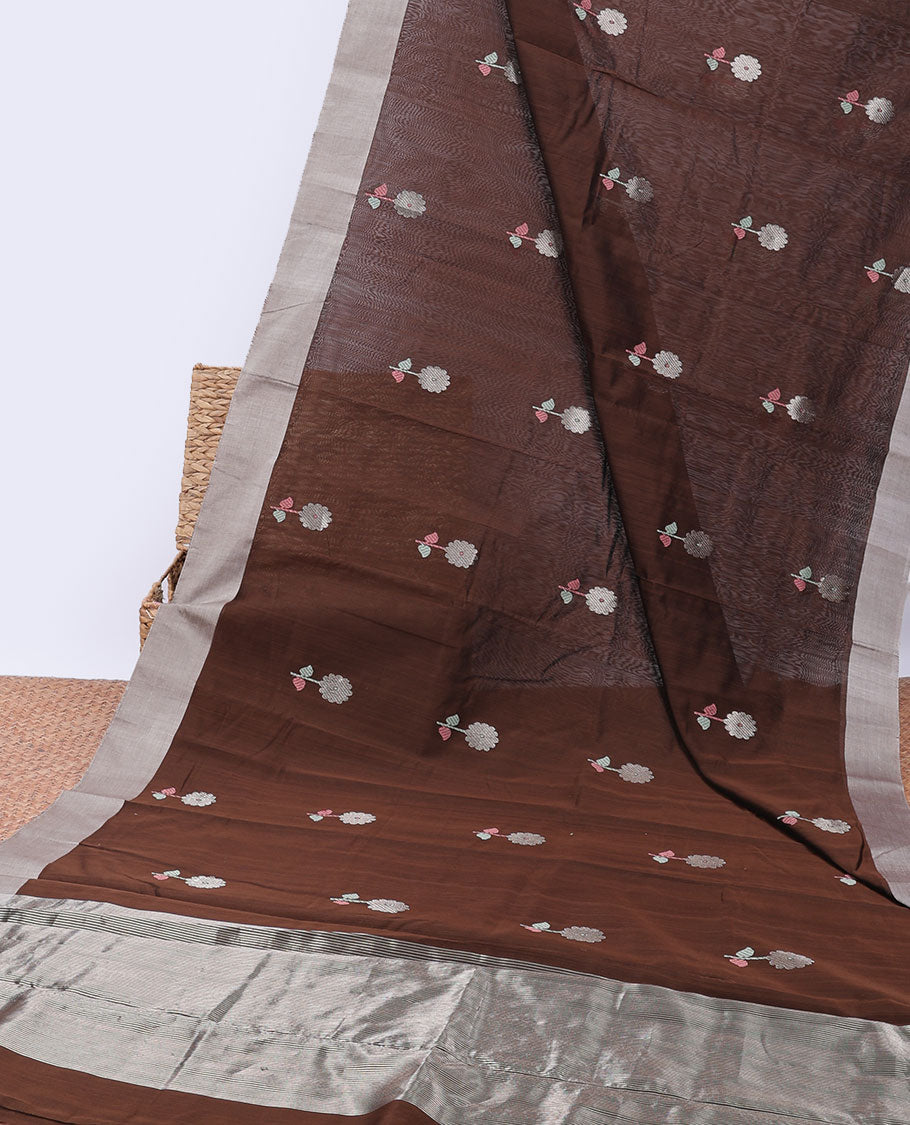 Brown Chanderi cotton saree with floral buttas, plain border & pallu of zari stripes