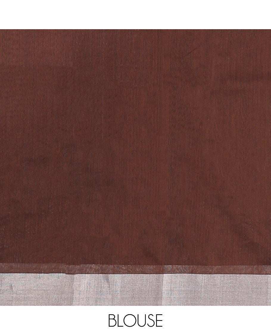 Brown Chanderi cotton saree with floral buttas, plain border & pallu of zari stripes