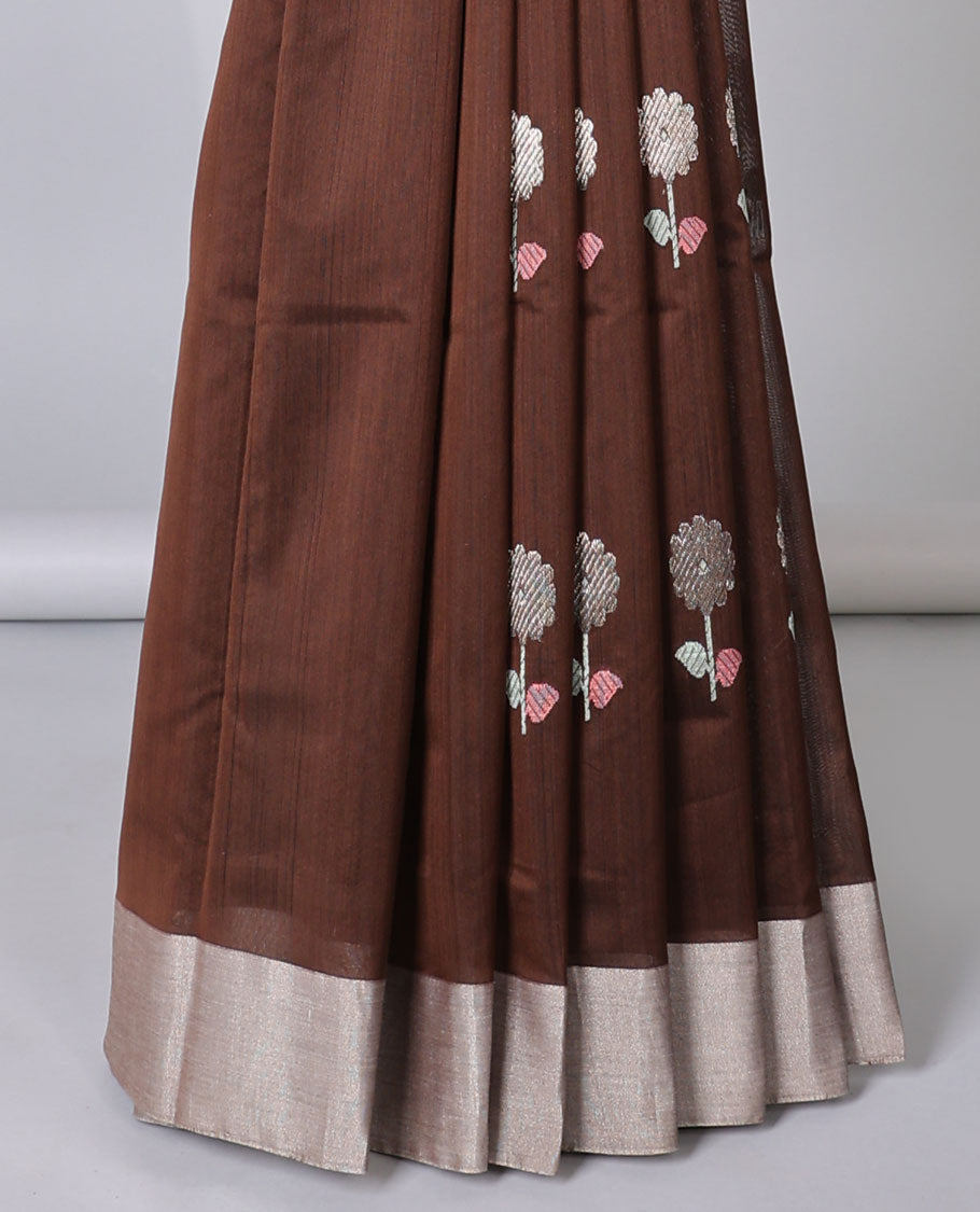 Brown Chanderi cotton saree with floral buttas, plain border & pallu of zari stripes