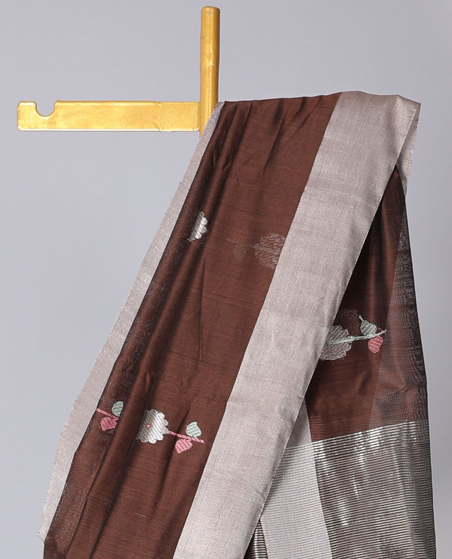 Brown Chanderi cotton saree with floral buttas, plain border & pallu of zari stripes