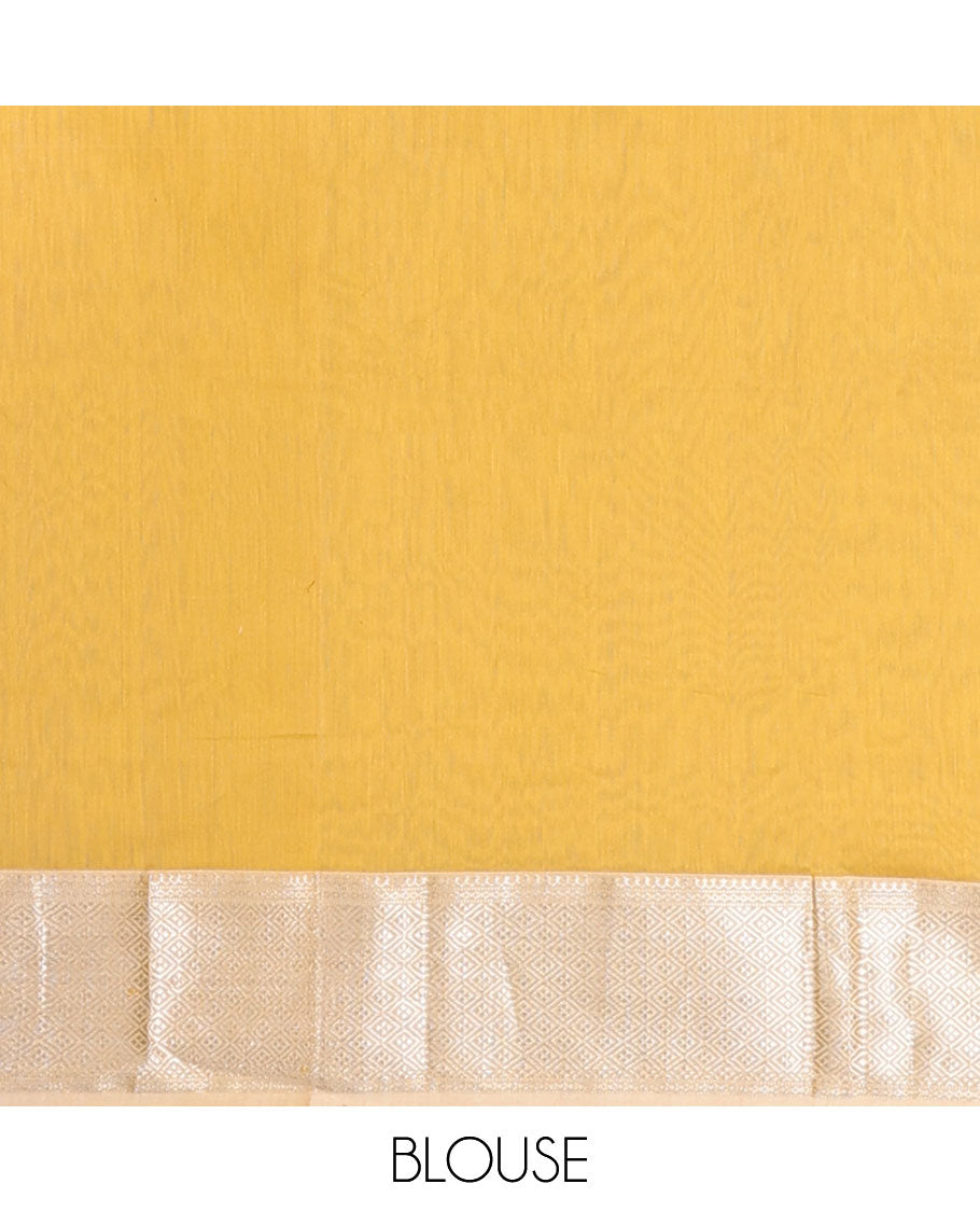 Yellow Maheshwari cotton saree with paisley buttas, traditional zari design border & zari butta pallu