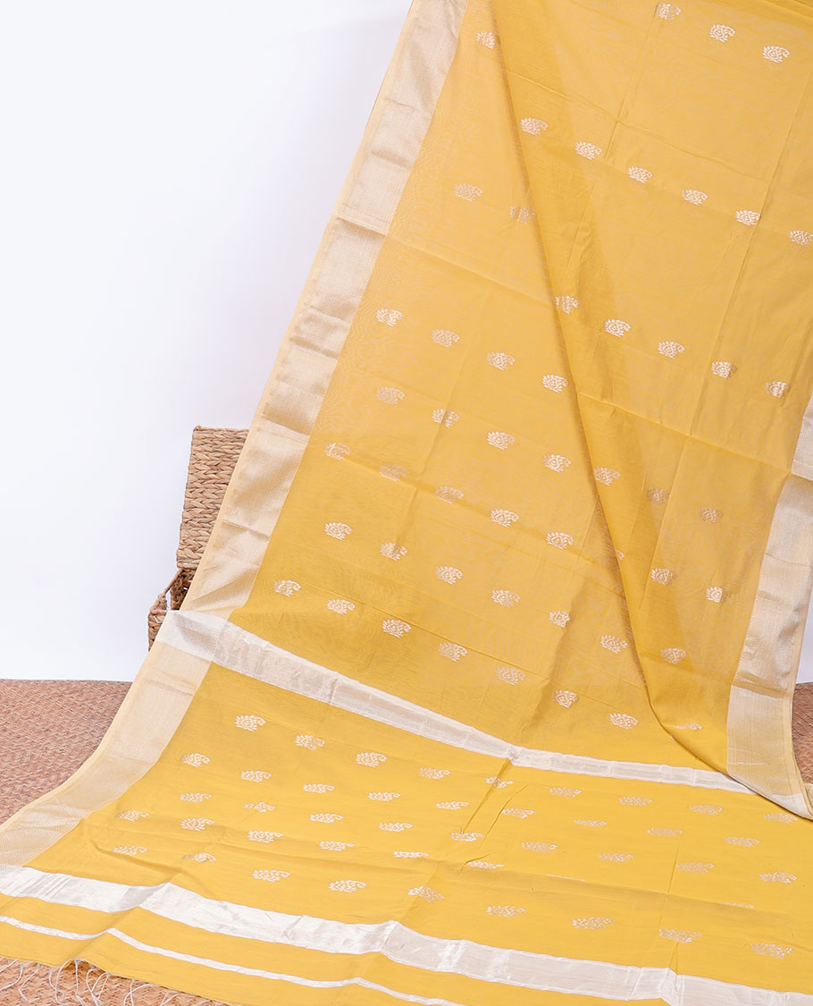 Yellow Maheshwari cotton saree with paisley buttas, traditional zari design border & zari butta pallu
