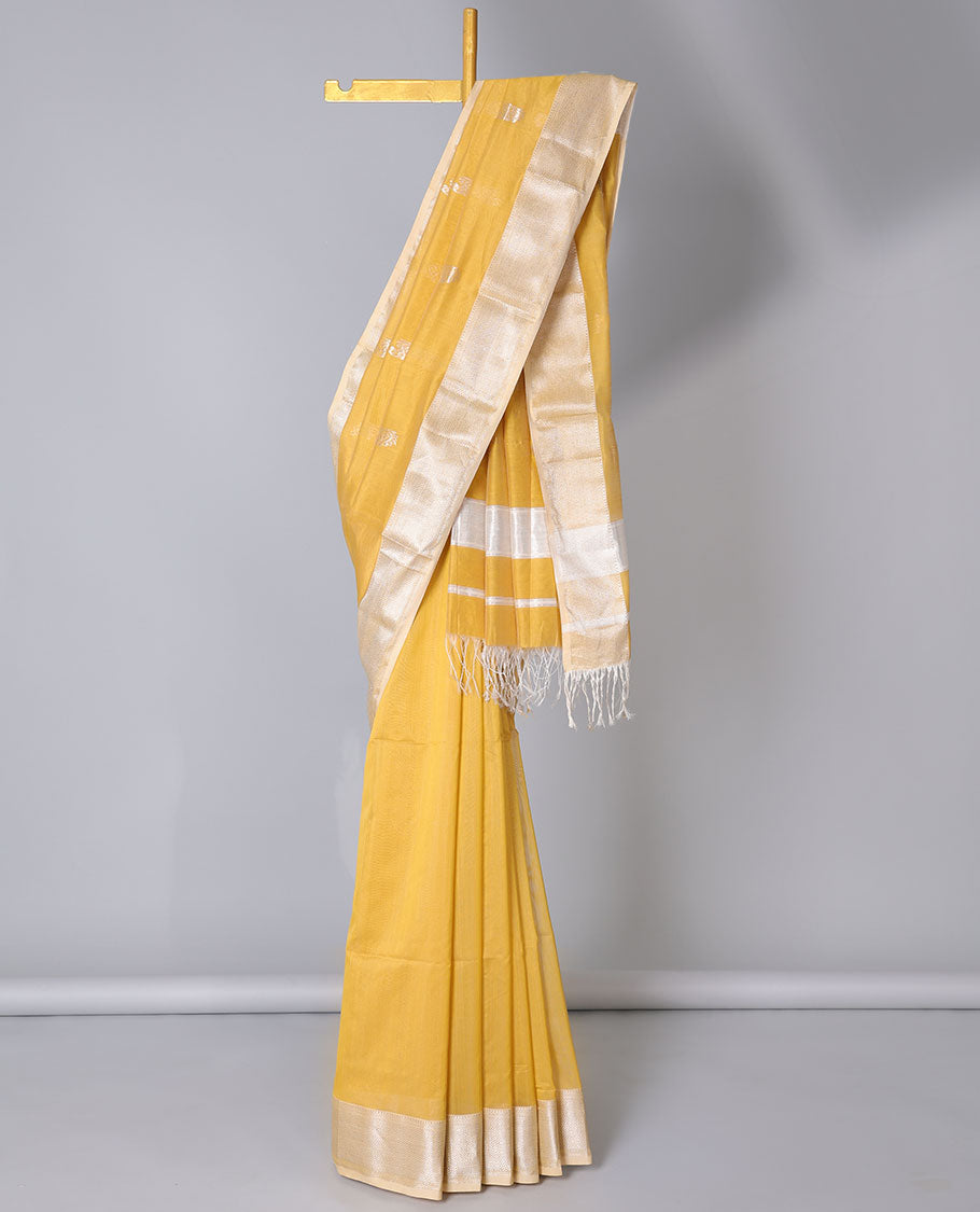 Yellow Maheshwari cotton saree with paisley buttas, traditional zari design border & zari butta pallu