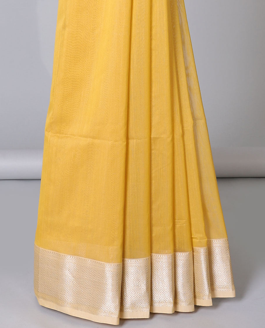 Yellow Maheshwari cotton saree with paisley buttas, traditional zari design border & zari butta pallu