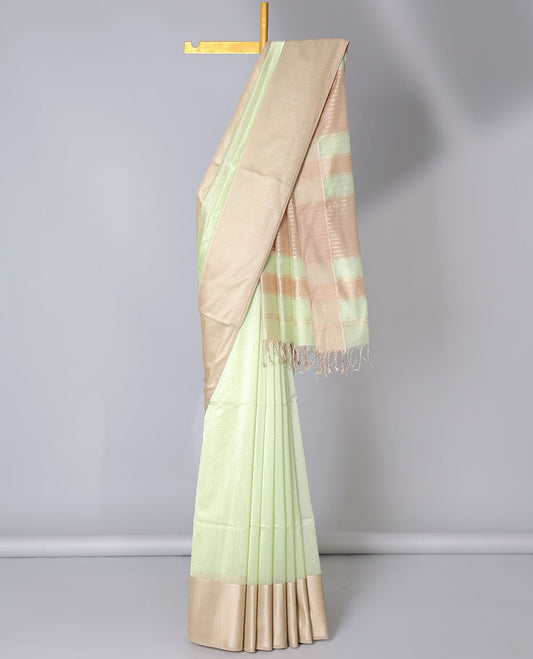 Green Maheshwari cotton saree, self chevron zari border & zari striped pallu