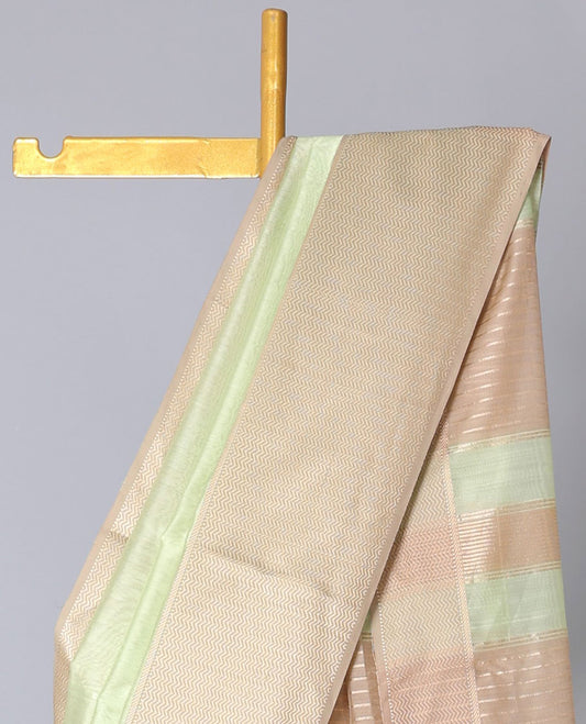 Green Maheshwari cotton saree, self chevron zari border & zari striped pallu