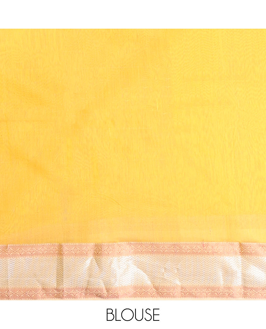 Yellow Maheshwari cotton saree with butterfly buttas, contrast chevron & diamond border & zari striped pallu
