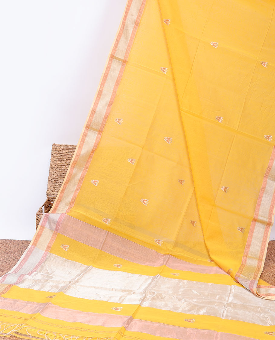 Yellow Maheshwari cotton saree with butterfly buttas, contrast chevron & diamond border & zari striped pallu