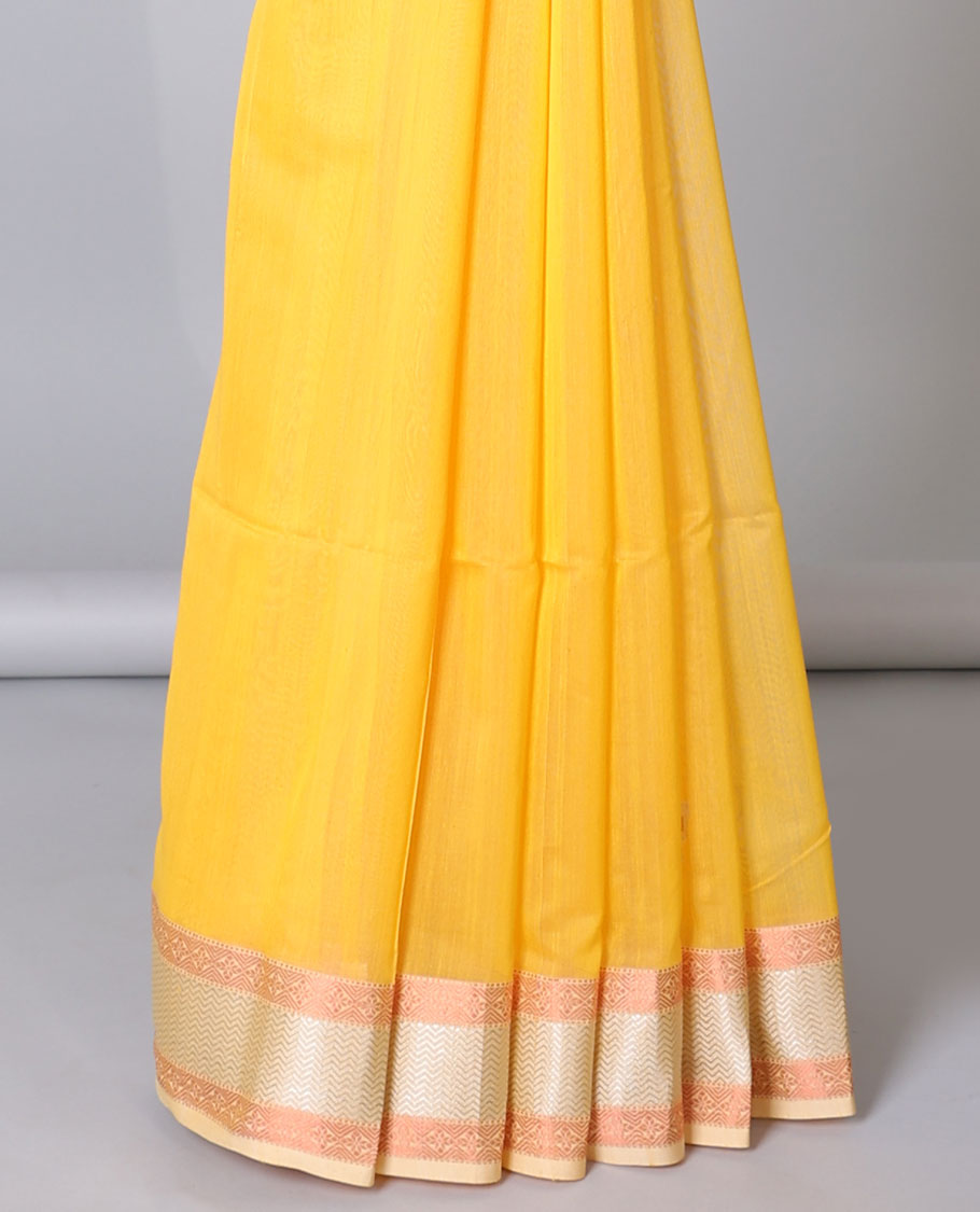 Yellow Maheshwari cotton saree with butterfly buttas, contrast chevron & diamond border & zari striped pallu