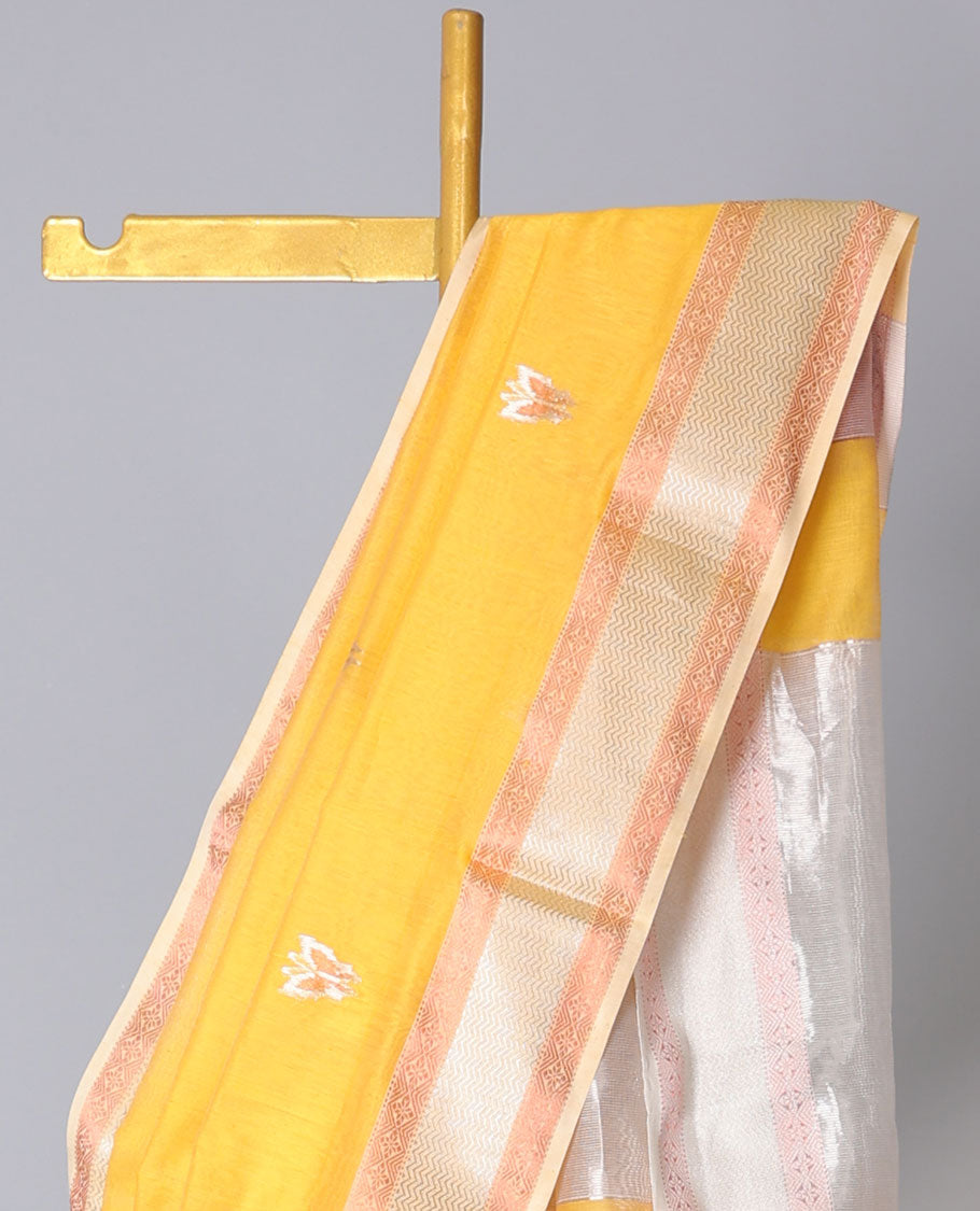 Yellow Maheshwari cotton saree with butterfly buttas, contrast chevron & diamond border & zari striped pallu