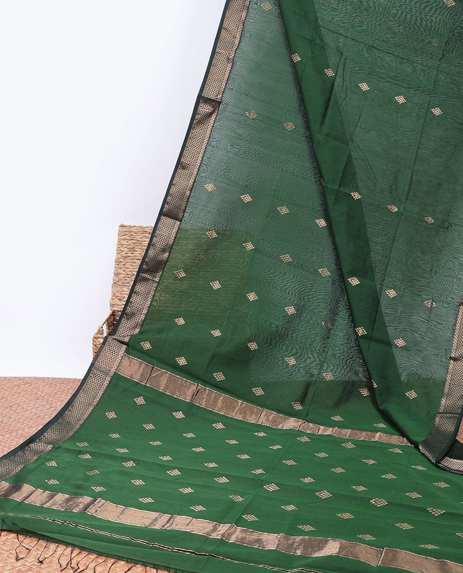 Green Maheshwari cotton saree with buttas, contrast traditional design border & zari design pallu