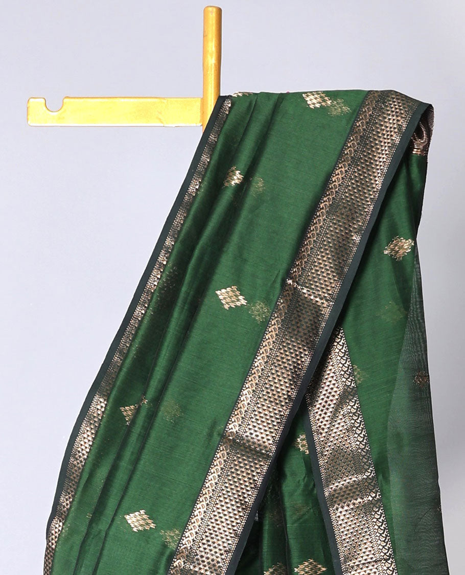 Green Maheshwari cotton saree with buttas, contrast traditional design border & zari design pallu
