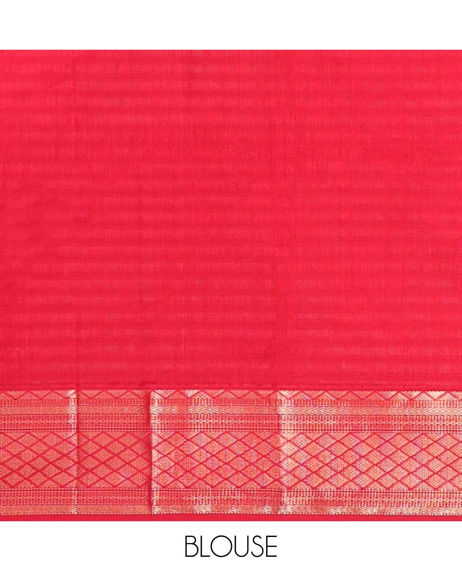 Red checked maheshwari cotton saree with buttas, traditional zari border & pallu of buttas