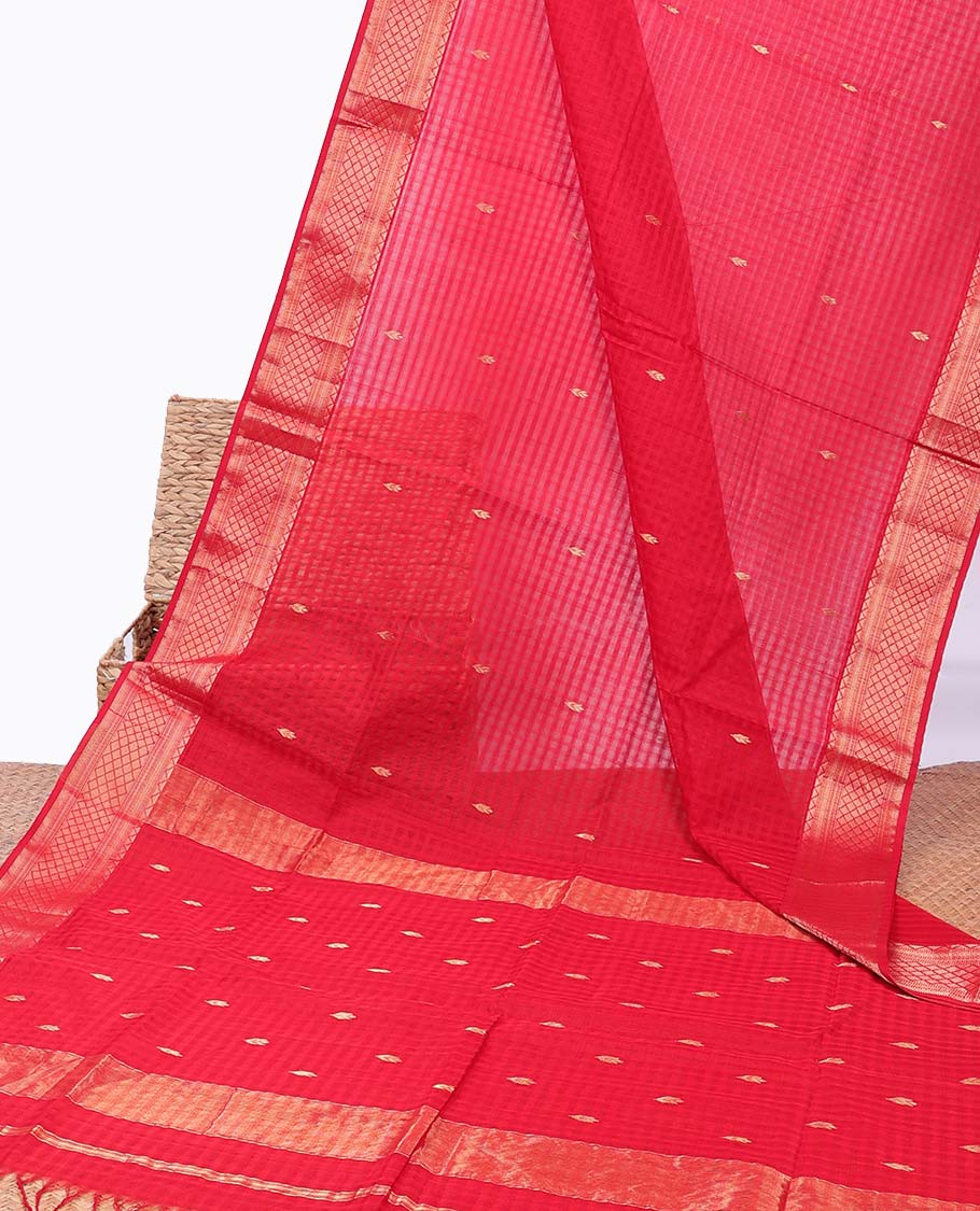 Red checked maheshwari cotton saree with buttas, traditional zari border & pallu of buttas