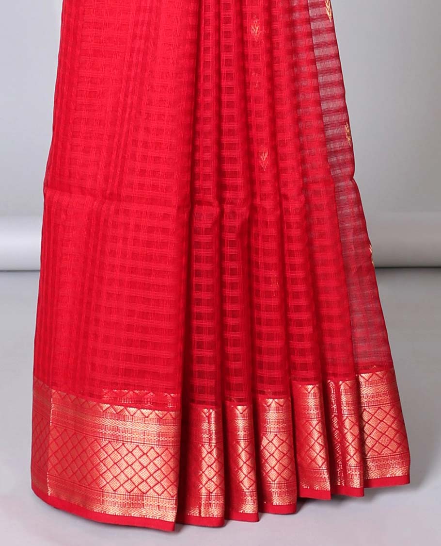 Red checked maheshwari cotton saree with buttas, traditional zari border & pallu of buttas