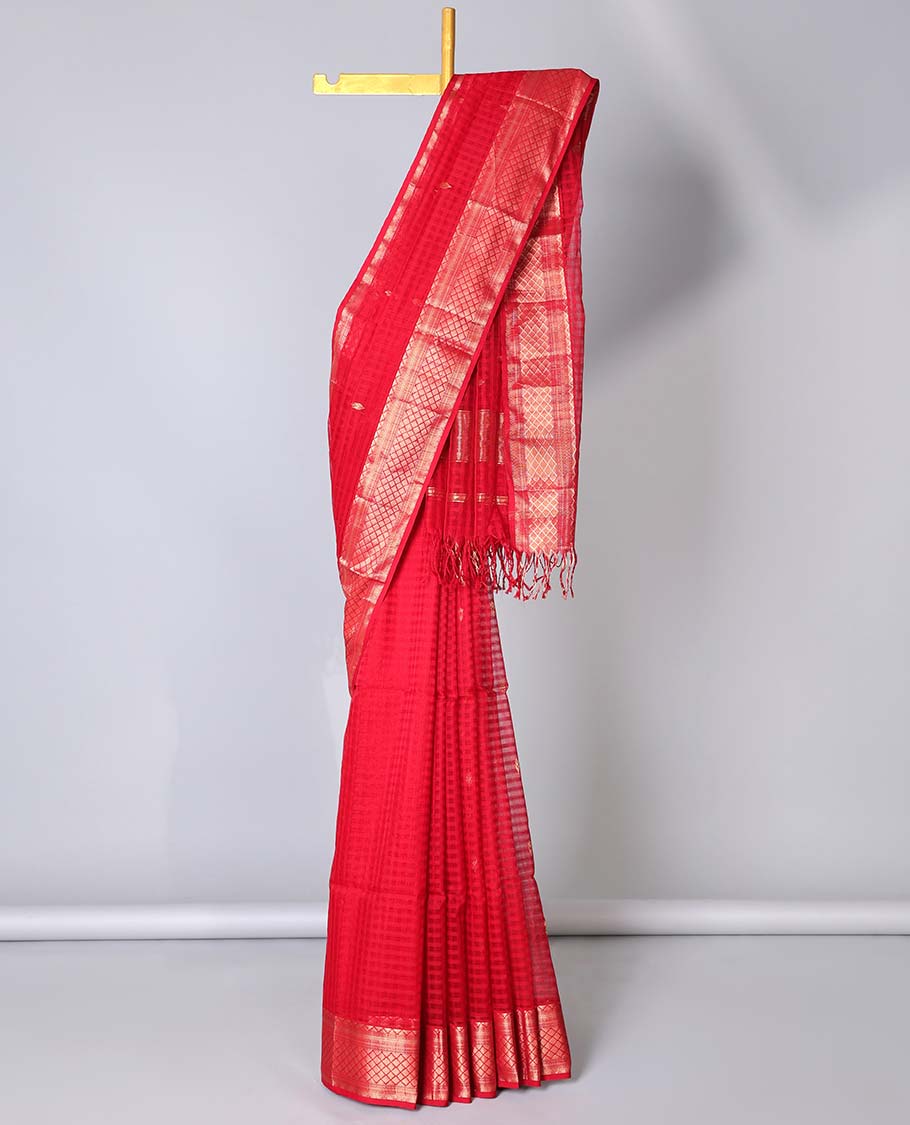 Red checked maheshwari cotton saree with buttas, traditional zari border & pallu of buttas