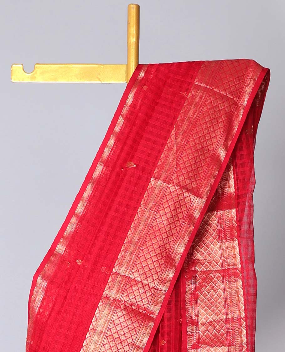 Red checked maheshwari cotton saree with buttas, traditional zari border & pallu of buttas