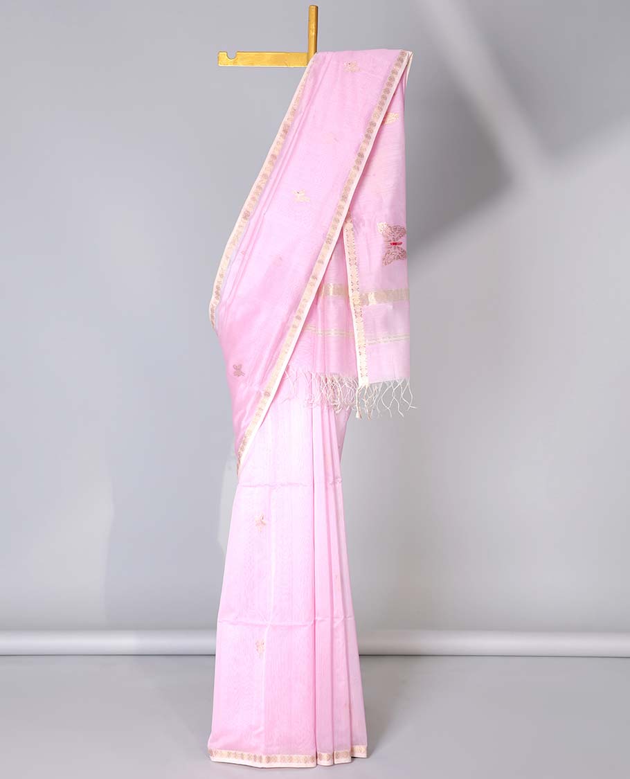 Pink Maheshwari cotton saree with buttas,traditional zari border & butterfly motifs pallu